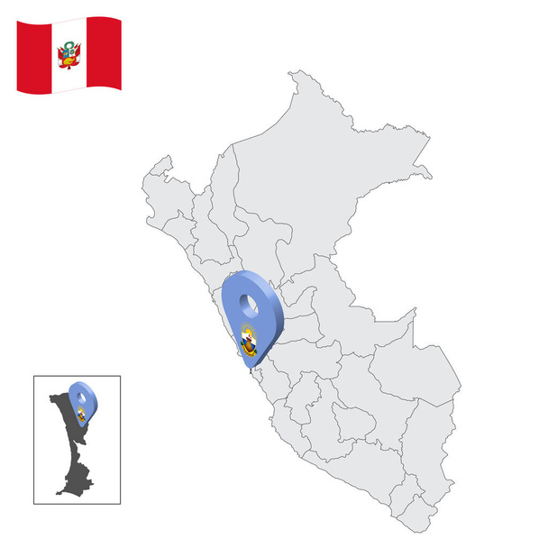 Местонахождение Callao на карте Peru. Трехмерный знак местоположения похож на флаг Кальяо. Карта качества с провинциями Республика Перу для вашего дизайна. S10 - Вектор,изображение