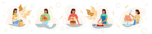 Housewife shopping for groceries, cooking and decorating homemade cake, cupcakes, flat vector isolated illustration. - Vector, Image