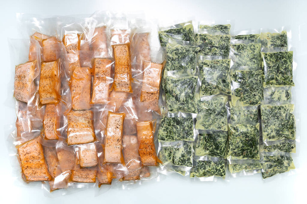 freeze cooked salmon and cheesy creamed spinach in vacuum packs, concept of food preservation, good work from home lunch idea, quick food on bysy day, time-saving meal for lockdown period - Photo, Image