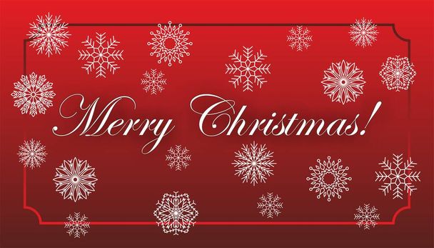 Karácsonyi üdvözlőlap. vörös háttér és hópelyhek csoportja. Gratulálok az emberek öröméhez és üdüléséhez. - Vektor, kép