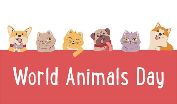 Η συλλογή γάτες και τα πρόσωπα σκυλιών είναι καλό για την παγκόσμια ημέρα των ζώων - Διάνυσμα, εικόνα