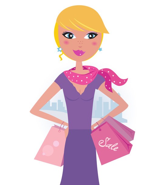 Elegant woman with shopping bags in the city. Vector fashion illustration. - Vector, Image