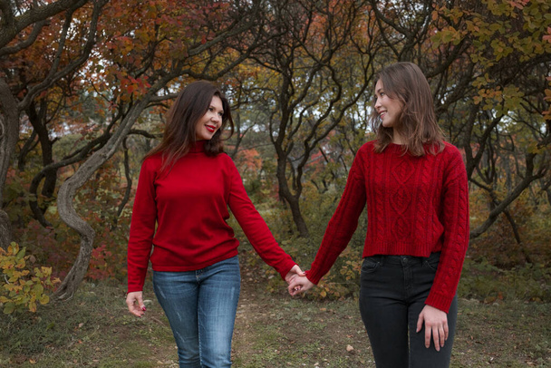 Reife Mutter beim Umarmen mit ihrer Teenager-Tochter im Freien an einem Herbsttag. Herbstmode, warme rote Pullover. Wandern im Herbstwald - Foto, Bild