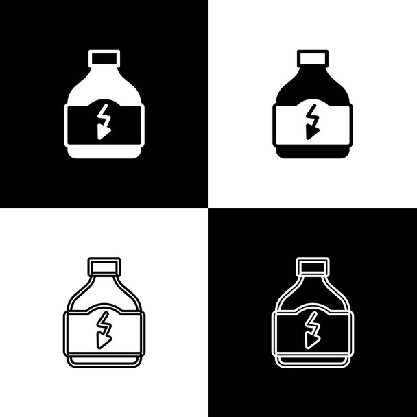 Set Nutrición deportiva culturismo proteina poder bebida y alimento icono aislado sobre fondo blanco y negro. Vector - Vector, imagen
