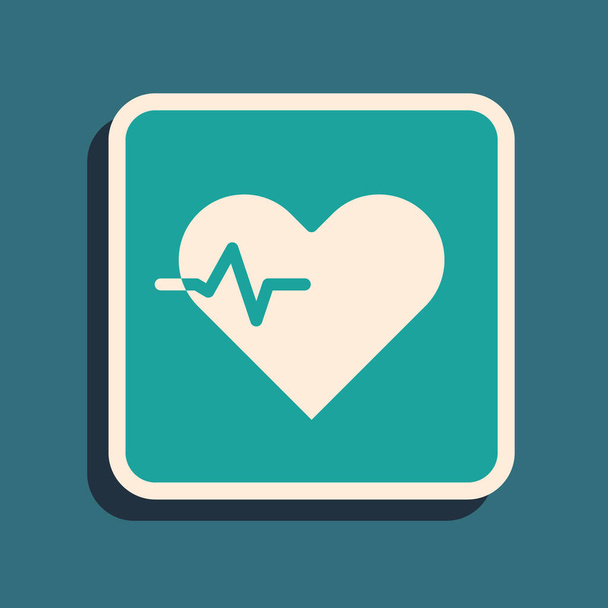 Green Heart rate icon isolated on green background. Heartbeat sign. Heart pulse icon. Cardiogram icon. Long shadow style. Vector - Vector, Image