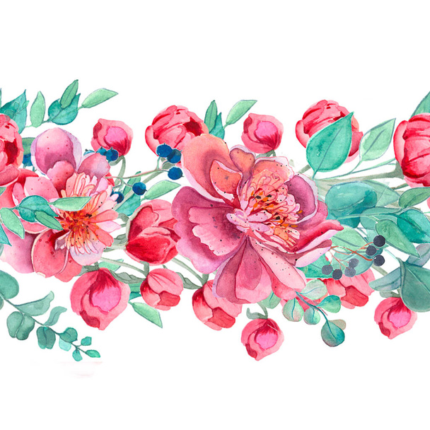 Peonies, watercolor pink flowers and emerald green leaves floral seamless border. Repeating pattern for background, invitation, greeting card, poster, fabric, paper. Hand painting. Isolation on white. - Photo, Image