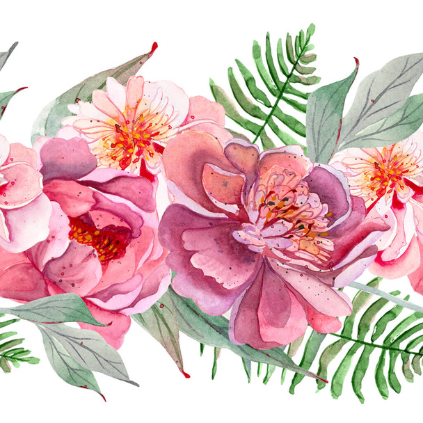 Peonies, watercolor pink flowers and emerald green leaves floral seamless border. Repeating pattern for background, invitation, greeting card, poster, fabric, paper. Hand painting. Isolation on white. - Fotografie, Obrázek