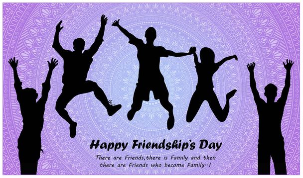 Happy friendship day illustration poster design.Friends jumping with quote and mandala in background - Photo, Image