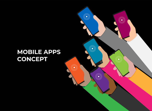 Mobile apps concept. Flat design vector illustration. Human hand with mobile phone - Вектор, зображення