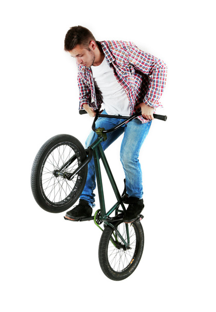 Junge auf BMX-Fahrrad isoliert auf weiß - Foto, Bild