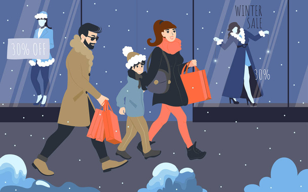 Christmas shopping with the whole family. Young people shop in the winter in the city walking near the showcases of clothing stores with big sales. Flat vector illustration - Vector, Image
