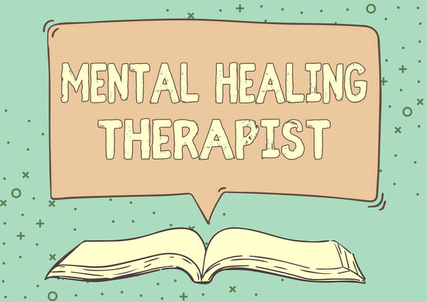 Text sign showing Mental Healing Therapist. Word Written on helping a person express emotions in healthy ways Open Book illustration With Speech Bubble Presenting A Quote Message News. - Valokuva, kuva