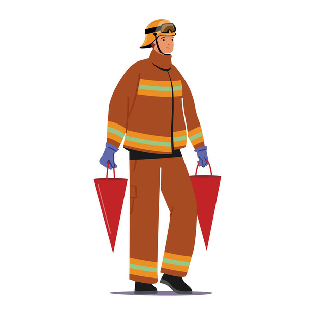 Feuerwehrmann Extremberuf, Beruf, Feuerwehrmann in Uniform und Helm tragen Eimer mit Wasser in der Hand zur Brandbewässerung - Vektor, Bild