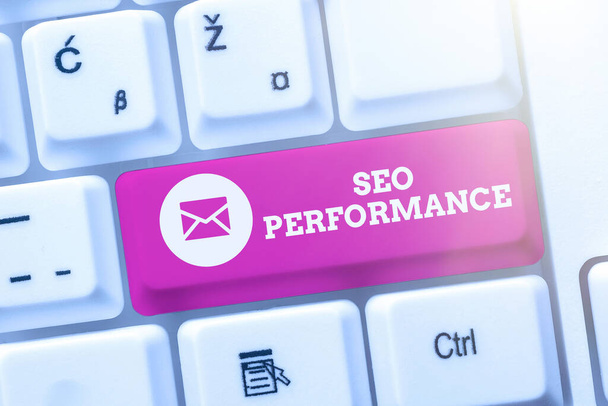 Text sign showing Seo Perforanalysisce. Internet Concept increase the quantity and quality of traffic to website Offering Speed Typing Lessons And Tips, Improving Keyboard Accuracy - Photo, Image