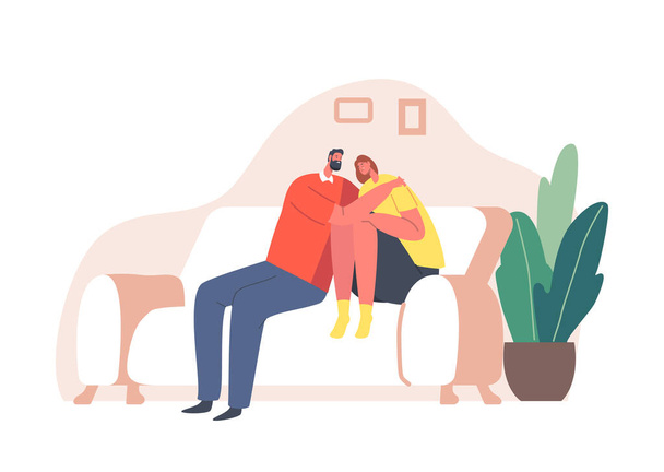 Samotność, niepokój, empatia i koncepcja przyjaźni. mężczyzna dając komfort i wsparcie dla kobieta przytulić jej siedzi na kanapie - Wektor, obraz