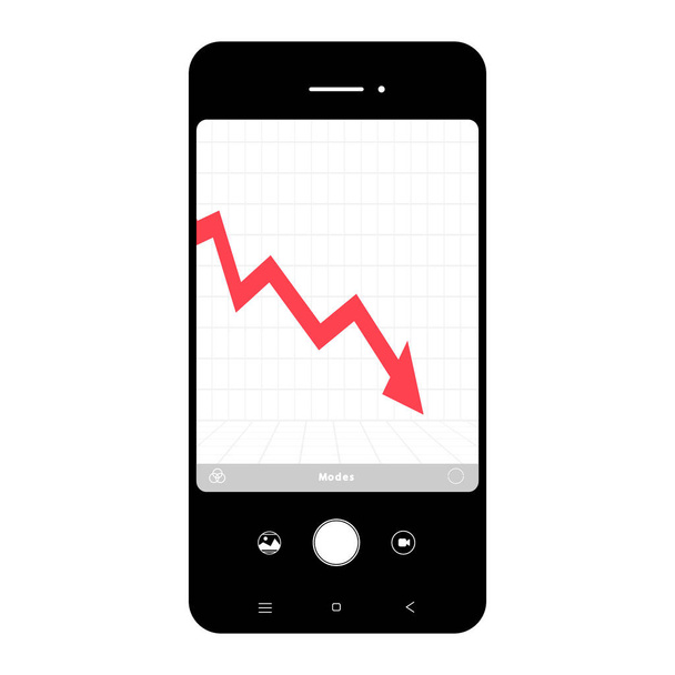 Flecha financiera cayendo en el dispositivo móvil. Vector fondo blanco - Vector, imagen