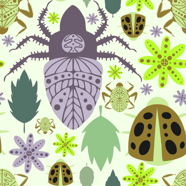 Naadloze vector patroon met decoratieve kleurrijke cartoon retro bugs en bloemen - Vector, afbeelding