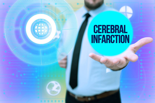 Conceptual display Cerebral Infarction. Business overview focal brain necrosis due to complete and long ischemia Gentelman Uniform Standing Holding New Futuristic Technologies. - Foto, afbeelding