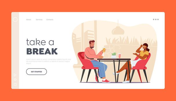 Take a Break Landing Page Template. Couple Visit Cafe. Male and Female Characters Sitting at Tables Drinking Beverages - Vector, Image