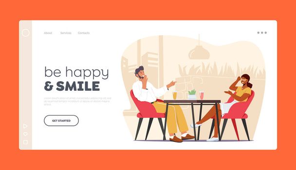Jovem casal feliz Namoro Landing Page Template. Pessoas se encontram sentadas à mesa no café, tomando café, conversando - Vetor, Imagem