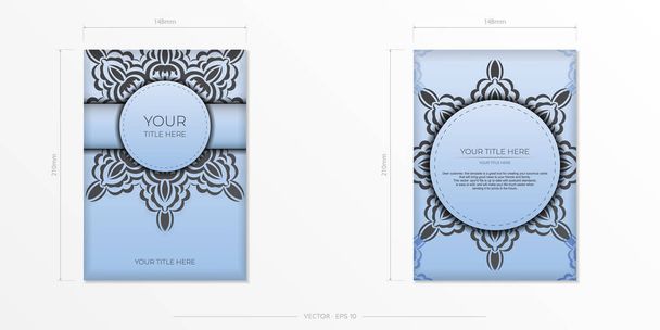 Cartes postales rectangulaires en bleu clair avec de luxueux ornements noirs. Conception vectorielle de la carte d'invitation avec des motifs vintage. - Vecteur, image