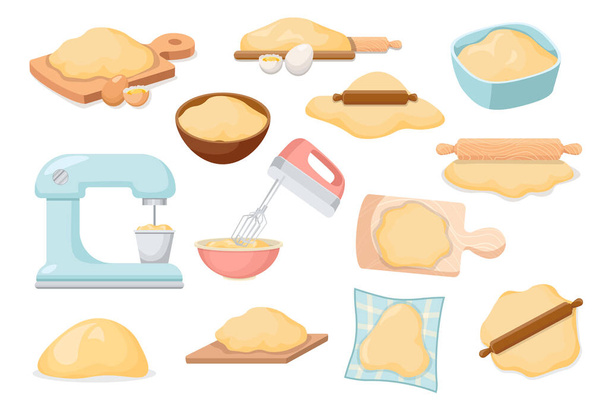 Sada ikon těsto, pekařské suroviny, kuchyňské spotřebiče a nástroj pro vaření pekařství. Rolling Pin, Cutting Board, Eggs - Vektor, obrázek