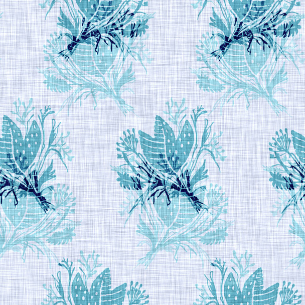 Cyanotypes azul blanco textura de lino botánico. Efecto de impresión de sol floral fotográfico falso para la muestra de moda fuera de foco. Flor Mono estampada en color 2 tonos. Azulejo repetitivo de alta resolución.  - Foto, Imagen