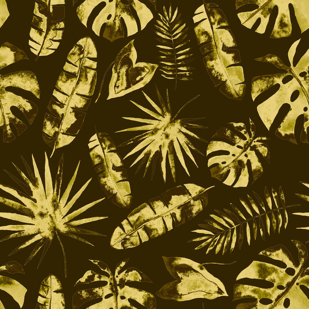 Aquarel naadloos patroon met kleurrijke abstracte tropische bladeren. Heldere zomerse print met exotische planten. Creatief trendy botanisch textiel design. - Foto, afbeelding