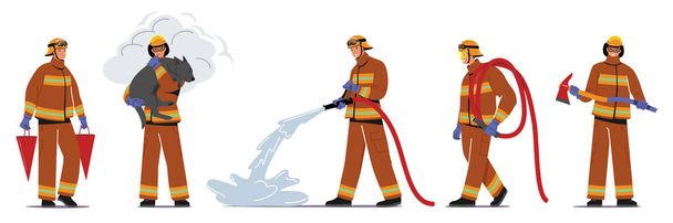 Ρυθμίστε πυροσβέστες άνδρες χαρακτήρες σε ομοιόμορφους κουβάδες κρατώντας, εκτός από το σκυλί και Axe, ψεκάζοντας νερό από σωλήνα. Ομάδα πυροσβεστών - Διάνυσμα, εικόνα