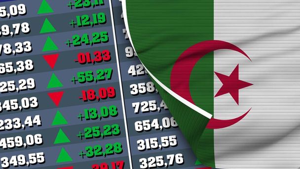 Algéria zászló és pénzügy, tőzsde, tőzsdei ábra, szövet textúra illusztráció - Fotó, kép