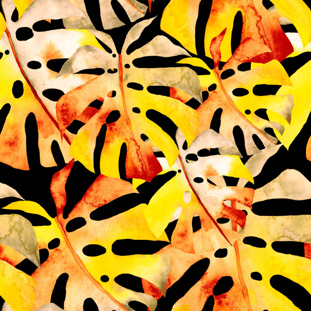 Akvarel bezešvný vzor s barevnými abstraktními tropickými listy. Jasné letní potisky s exotickými rostlinami. Tvůrčí trendy botanický textil design. - Fotografie, Obrázek