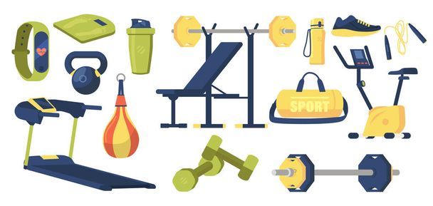 Spor çantaları, dambıllar, halter ve pullar, kum torbası, sallanan sandalye, spor ayakkabıları, koşu bandı, bisiklet. - Vektör, Görsel