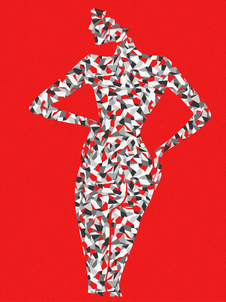 Graceful and charming woman with body in abstract shapes in red and monochrome hues on the bright background, hand drawing illustration - Photo, image