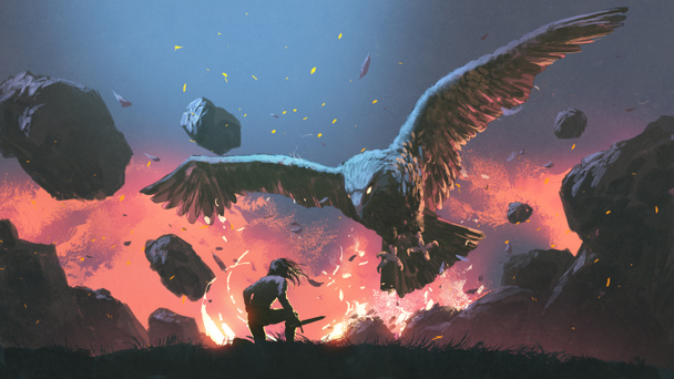 Ein Mann im Kampf mit dem legendären Adler, digitaler Kunststil, Illustrationsmalerei - Foto, Bild