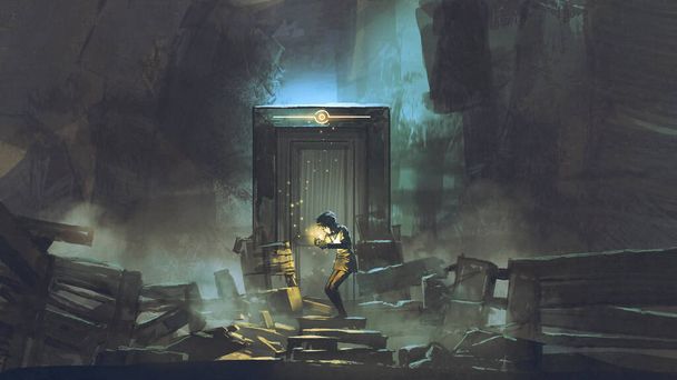 мальчик зажег свечу перед тайной дверью, в стиле цифрового искусства, иллюстрации живописи - Фото, изображение