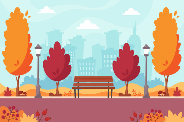 Podzimní městský park s lavičkou. Podzimní krajina. Vektorová ilustrace - Vektor, obrázek