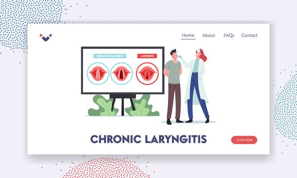 Plantilla de página de aterrizaje de laringitis crónica. Pequeño Doctor y Personajes del Paciente en Infografías que Presentan Infección por Garganta - Vector, imagen