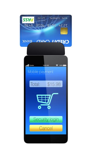 Tarjeta de crédito y smartphone aislados sobre fondo blanco
 - Foto, imagen