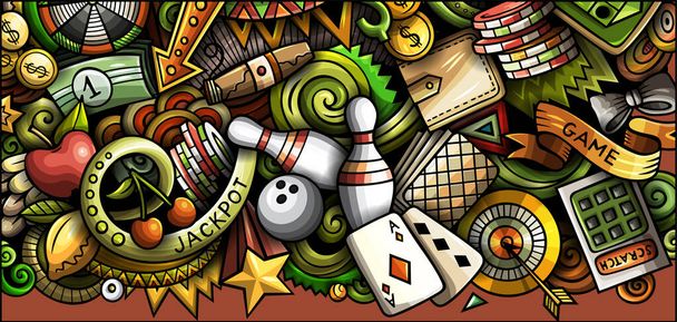 Casino hand drawn doodle banner. Cartoon raster detailed flyer. Illustration with gambling objects and symbols. Colorful horizontal background - Photo, Image