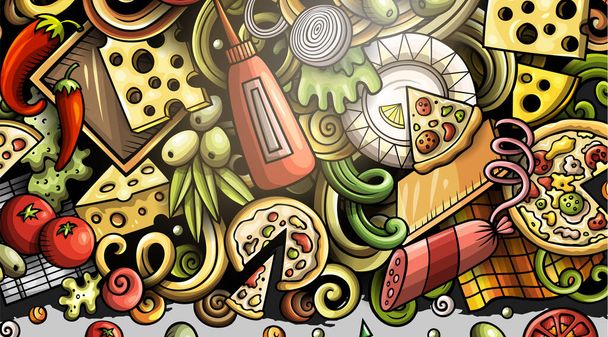 Pizza hand drawn doodle banner. Cartoon raster detailed flyer. Illustration with pizzeria objects and symbols. Colorful horizontal background - Photo, Image