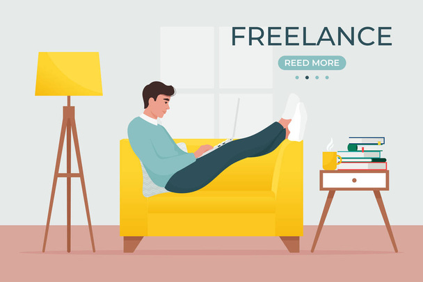 Man with laptop sitting on sofa. Work from home, freelance. Vector illustration in flat style - Vector, Image