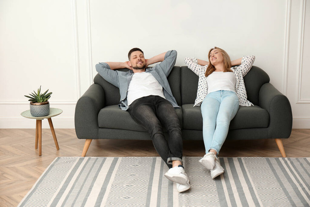 Couple relaxing on sofa in living room - Foto, afbeelding