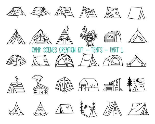 Set of linear icons of camping tents - Вектор,изображение