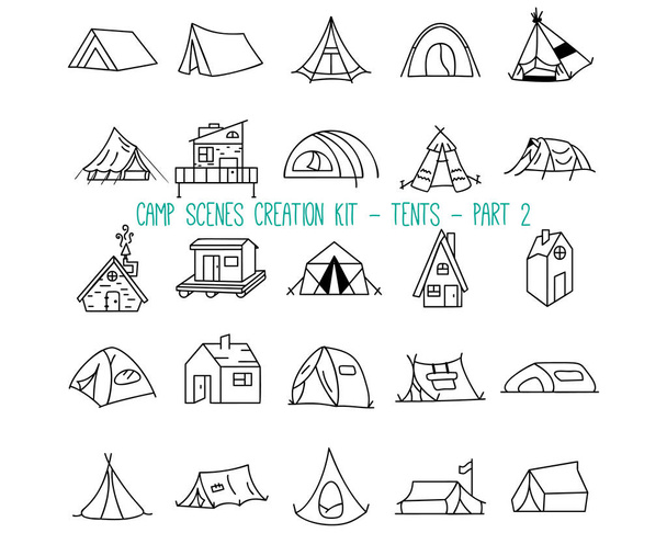 Conjunto de ícones lineares de tendas de acampamento. Parte 2 - Vetor, Imagem