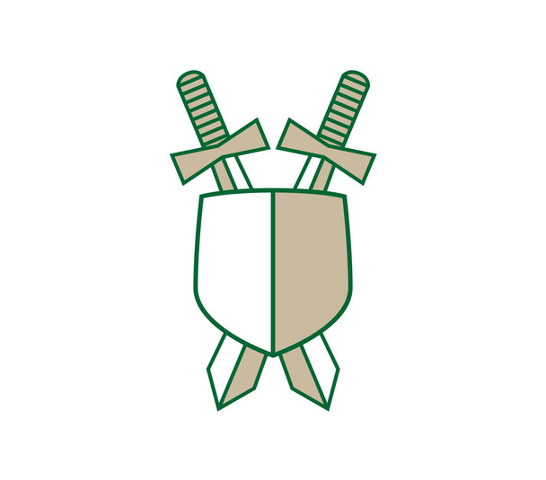 Dos espadas cruzadas con escudo. Arma antigua - Vector, imagen