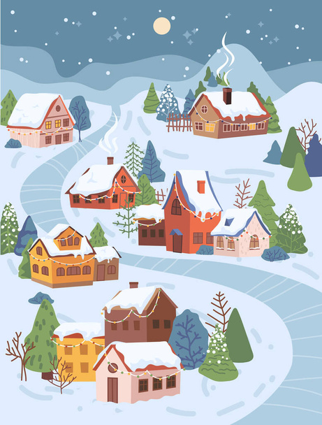 Zimní vánoční krajina v noci chalupa domy - Vektor, obrázek