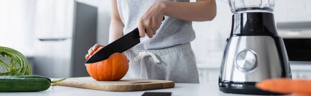 partial view of woman cutting fresh pumpkin near cucumbers and electric blender, banner - Photo, Image