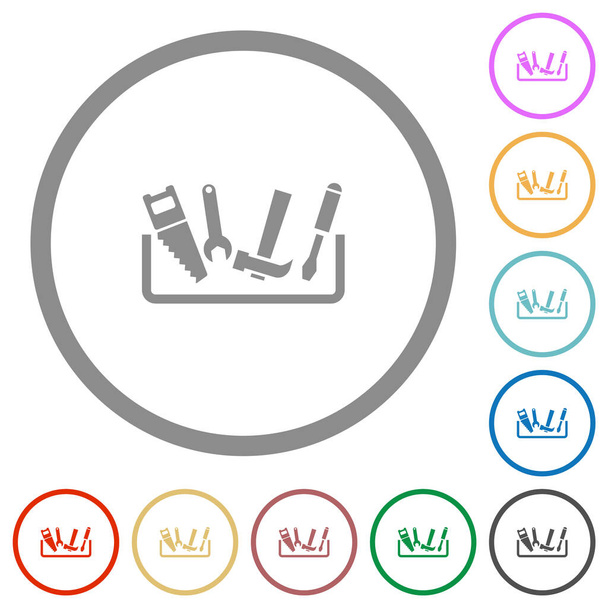 Toolbox płaskie ikony kolorów w okrągłych konturach na białym tle - Wektor, obraz