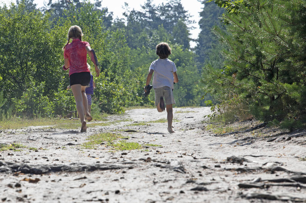 Mutlu çocuklar ormanda güneşe karşı yalınayak koşarlar, Ufuk. - Fotoğraf, Görsel