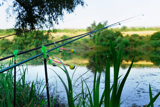 fishing rod on the river bank. catching fish at sunrise close up - Photo, Image